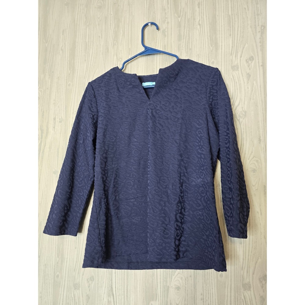 J.McLaughlin Leopard Jacquard Top Womens M Navy 3/4 Sleeve Notched V Neck